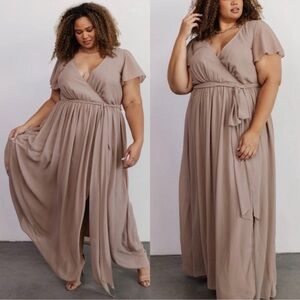 Baltic Born Kristina Maxi Dress Taupe Size 1XL Flutter Sleeve Wrap Gown